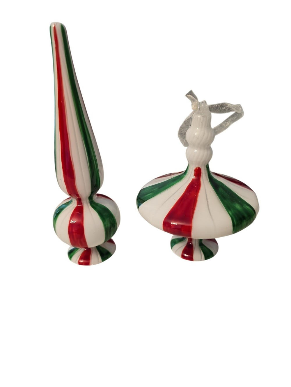 2 Red White Green Glass Striped Elongated Finial Flattened Onion Table Top Decor